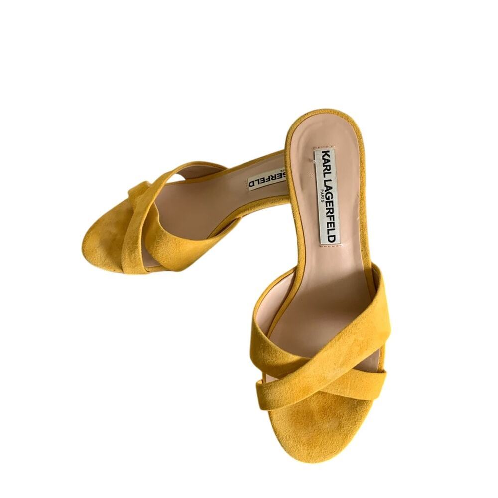 Karl Lagerfeld Fawn Canary Yellow Suede Sandals Slide On Block Heel Size 6 Chic